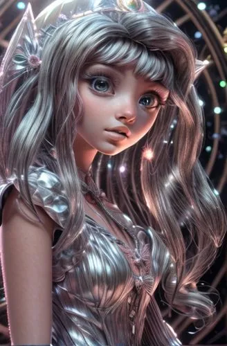 sparkler,artificial hair integrations,rapunzel,star mother,elsa,tangled,silvery,barbie,silver,3d fantasy,cg artwork,ice princess,sparkle,steelwool,andromeda,fractalius,cinema 4d,cinderella,female doll,sparkling