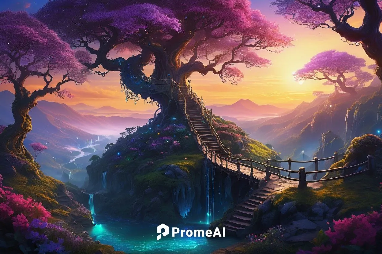 Mystical fantasy realm, sunset horizon, rolling hills of iridescent mist, shimmering crystal formations, ancient twisted trees with glowing runes, sparkling fairy lights, winding staircases leading to