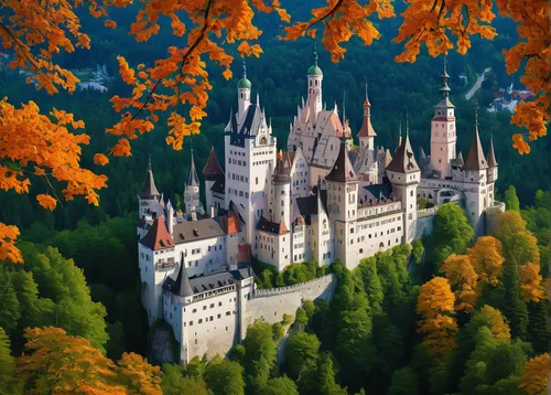 neuschwanstein castle,neuschwanstein,fairy tale castle,fairy tale castle sigmaringen,hohenzollern castle,fairytale castle,hohenzollern,cinderella's castle,disney castle,fairy tale,fairytale,gold castle,a fairy tale,peles castle,germany forest,sleeping beauty castle,castles,bavaria,cinderella castle,hogwarts,Illustration,Paper based,Paper Based 19