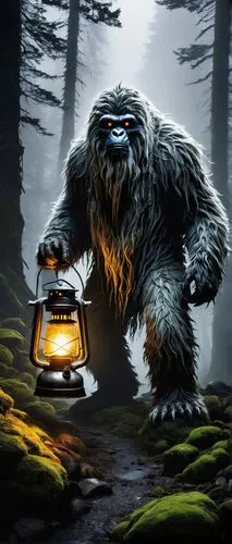 Scary Yeti, Himalayan mountain range, misty atmosphere, eerie fog, towering trees, abandoned research facility, worn-out camping gear, rusty old equipment, mysterious footprints, glowing eyes in the d