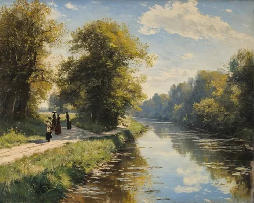 Weissenbruch H.J.  | Hendrik Johannes 'J.H.' Weissenbruch | Paintings offered for sale | Along the towpath, oil on canvas laid down on panel 21.0 x 31.0 cm, signed l.r.,river landscape,girl on the riv