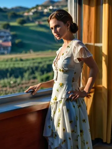 as it would look like in a photo,a woman leaning on the wall near a balcony,oreiro,netrebko,vettriano,fiordiligi,carice,sarikaya,traviata,polka dot dress,stana,girl in a long dress,vintage dress,haban