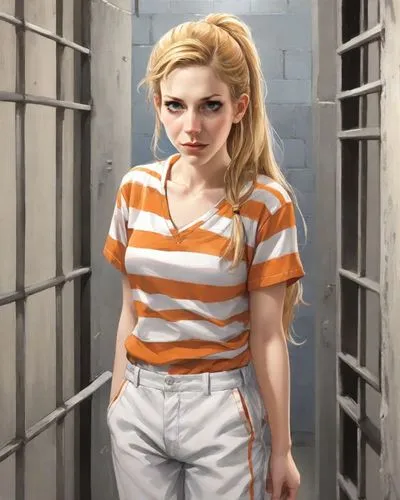 prisoner,olallieberry,chainlink,eleven,detention,prison,harley quinn,orange,rockabella,clementine,retro woman,clove,handcuffed,girl-in-pop-art,harley,horizontal stripes,daphne,criminal,retro girl,piper,Digital Art,Comic