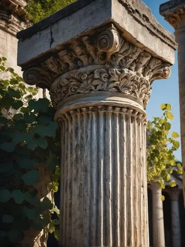 Ancient Greek column, Doric column, ornate capital, fluted shaft, limestone material, weathered texture, ruins setting, overgrown with vines, warm sunlight casting dramatic shadows, low-angle shot, ci