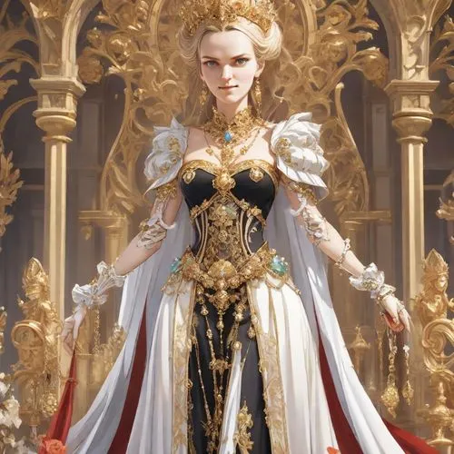 golden crown,baroque angel,imperial coat,suit of the snow maiden,priestess,imperial crown,goddess of justice,the snow queen,mary-gold,almudena,gold crown,queen crown,white lady,golden wreath,white rose snow queen,nero,emperor,regal,queen cage,the prophet mary,Digital Art,Anime