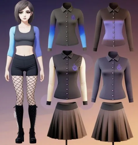 Paper doll 2d cartoon goth brown haired girl in black sleeveless shirt ,black tight fit spandex shorts, complete full length fishnet and black goth knee Boots, standing surrounded by with a set of got