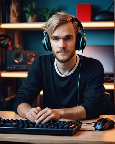 Bro PewDiePie, YouTuber, solo, (30yo), messy blonde hair, blue eyes, casual wear, white t-shirt, black jeans, sneakers, gaming setup, multiple monitors, keyboard, mouse, headphones, microphone, colorf