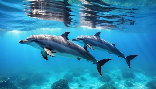 Dolphins swimming on the bottom of the crystal clear sea, ambient light, crystal clear, realistic style – cinematic and realistic, photography.,oceanic dolphins,dolphins in water,bottlenose dolphins,c