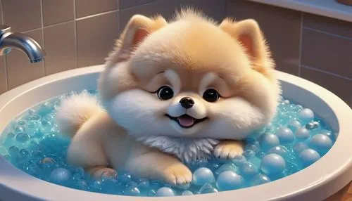 A cute baby creamy Pomeranian, round head, closed eyes, sleeping in bubble bath tub at night,  Pixar style,bath ball,tub,taking a bath,bath balls,bath,water bath,bath toy,bathtub,kiribath,pomeranian,b