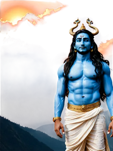 Lord Shiva, Indian god, powerful masculine figure, strong facial features, blue skin, long hair with snake ornaments, third eye on forehead, golden jewelry, dhoti, majestic posture, standing in front 