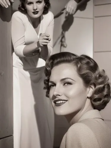 Historical scene in Texas,a woman smiling while another woman brushes her hair,jane russell-female,jane russell,ingrid bergman,hayworth,1940 women,maureen o'hara - female,Photography,Black and white p