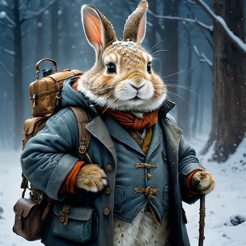 painting by jean - baptiste monge of a small fat Rabbit adventurer dressed in a warm overcoat with survival gear on a winters day with snow, , jean - baptiste monge , anthropomorphic --ar 2:3 --testp 