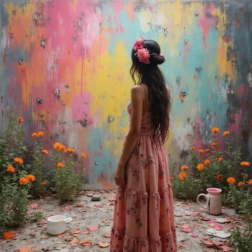 girl in flowers,flower wall en,bohemian art,beautiful girl with flowers,flower painting,colorful background