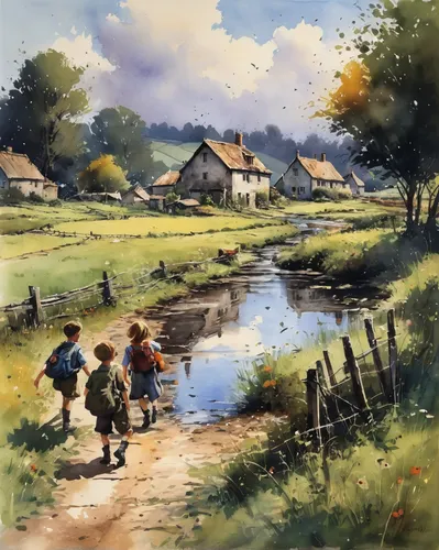 village scene,village life,rural landscape,dutch landscape,home landscape,farm landscape,children drawing,watercolor,children playing,countryside,watercolor painting,digiscrap,mud village,cottages,villages,autumn idyll,holland,walk with the children,brook landscape,autumn landscape,Illustration,Paper based,Paper Based 03