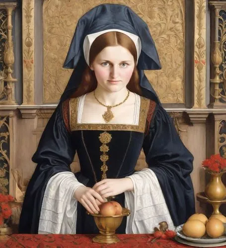 maidservant,clergywoman,woman holding pie,scholastica,portrait of christi,miniaturist,foundress,antonello,nelisse,saint therese of lisieux,canoness,perugini,praying woman,begums,tudor,girl with bread-and-butter,memling,noblewomen,ursulines,bouguereau,Digital Art,Classicism