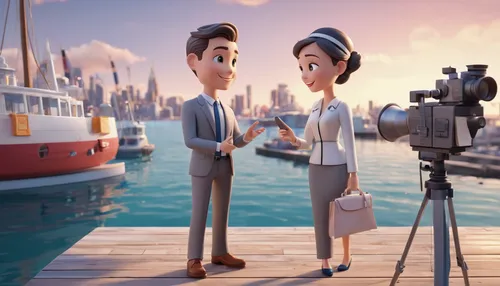 Compose a romantic drama about two journalists meeting at a bustling media harbour.,animated cartoon,honeymoon,movie reel,loving couple sunrise,digital compositing,cute cartoon image,video film,film i