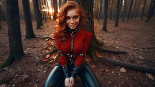 рыжеволосая девушка в осеннем лесу стоит на коленях в кожаных штанах,redhead doll,redhair,red riding hood,epica,little red riding hood,redhead,redheads,red head,in the forest,catsuit,photo session in 