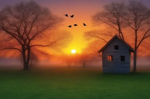 home landscape,lonely house,landscape background,birdhouse,foggy landscape,bird house