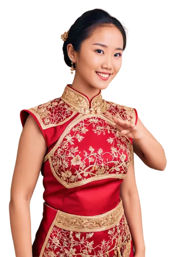 Traditional Chinese woman, national costume, cheongsam, intricate embroidery, golden accessories, elegant hairstyle, subtle makeup, gentle smile, standing, classic pose, warm lighting, shallow depth o