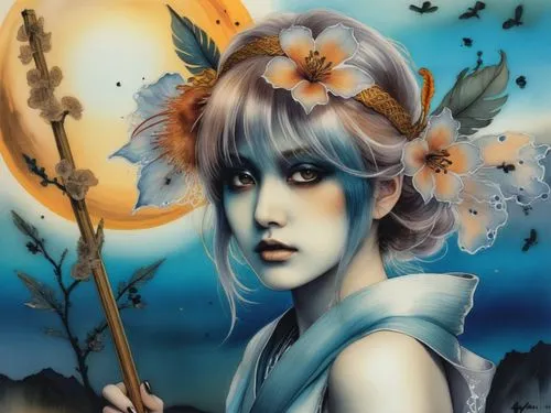 a painting of a woman holding an oar,faerie,faery,fairie,flower fairy,seelie,fairy queen,Illustration,Japanese style,Japanese Style 18