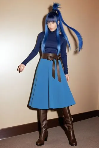 the woman is posing for a picture while wearing a blue dress and brown boots,kula,seiran,saiko,winterblueher,konan,riska