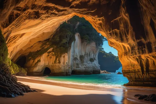 Famous cave at Cathedral Cove Marine Reserve, Coromandel Peninsula, New Zealand.,natural arch,sea cave,limestone arch,krabi thailand,cave on the water,sea caves,rock arch,khao phing kan,railay bay,thr