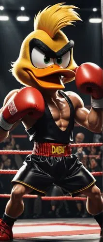 Daffy Duck, boxing gloves, angry face, sweaty forehead, messy yellow hair, orange beak, muscular arms, black boxing trunks, red boxing shoes, intense eyes, clenched fists, dynamic pose, punching bag, 