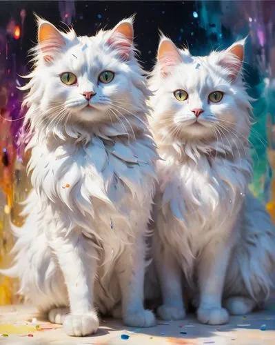 a colorful oil painting with palette knife of two white angora cats, in the style of marcin sobas, 32k uhd, animals and people, oil painter, intense light and shadow, ferrania p30,the two white cats h