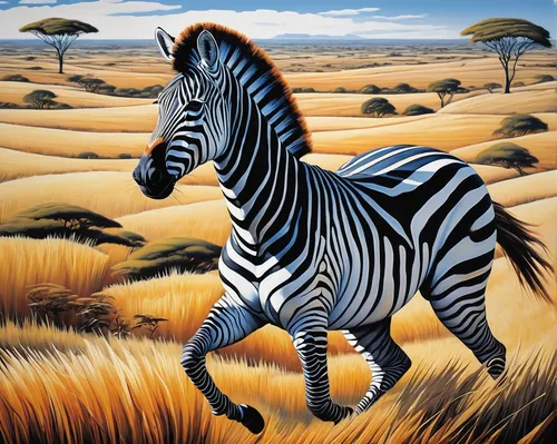 Describe a majestic plains zebra running across the African savannah.,zebra,diamond zebra,quagga,burchell's zebra,zebra crossing,zebra pattern,david bates,baby zebra,zebras,zebra rosa,painted horse,ze