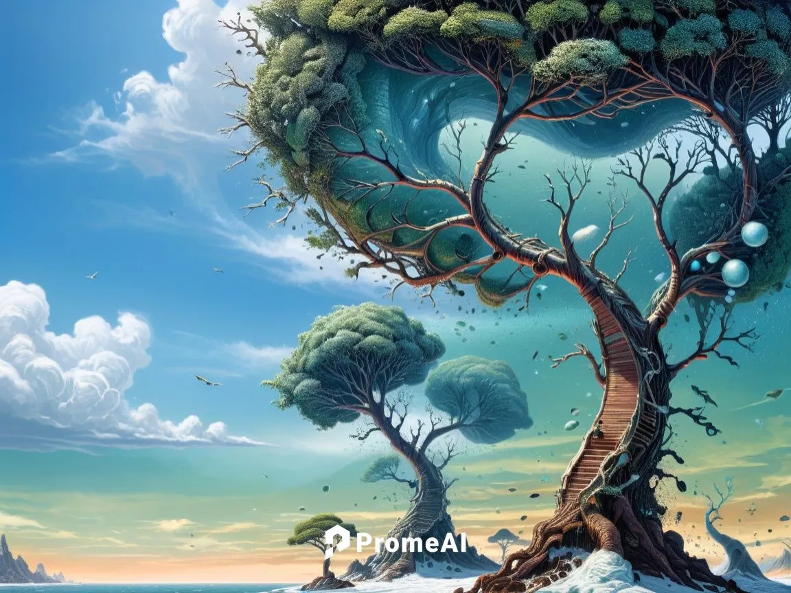 Origin of Life. First cells. DNA. Primitive life forms. Life's architecture unfolding.,an art scene, a tree on the beach, has balls in the water and birds flying around,cartoon video game background,d