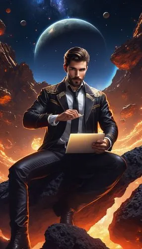 Draw a young programmer, sitting on a research platform floating in the middle of an asteroid belt. He is studying with a notebook, surrounded by several asteroids glowing with fiery auras. Dramatic l