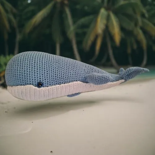 a knitted blue whale that is on a beach,bassole,belugas,beluga,baby whale,nmd,little whale