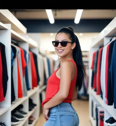 A surprise full body paparazzi photo.  The Moroccan girl with black hair gathered in a high ponytail is in a clothing store with shelves and hangers of brand name clothes in the background.  She wears