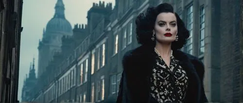 Cruella de Vil, Margot Robbie, villainous, 1940s inspired fashion, curly black hair, red lipstick, porcelain skin, aristocratic posture, luxurious fur coat, leather gloves, high heels, London cityscap