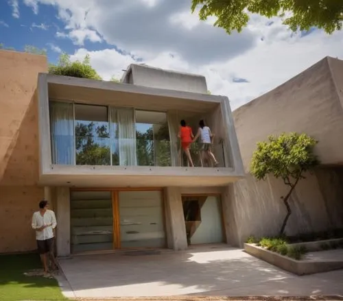 In a bustling metropolis, a minimalist style house comes alive with vibrant hues of Mexican architecture. The facade depicts a dynamic, vibrant scene of a cheerful Mexican architecture. The colors of 