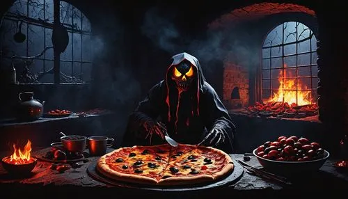 Spooky cursed pizza, horror theme, dark atmosphere, eerie shadows, dim red lighting, abandoned haunted mansion, old creepy walls, broken furniture, spider webs, mysterious ingredients, glowing eyes in