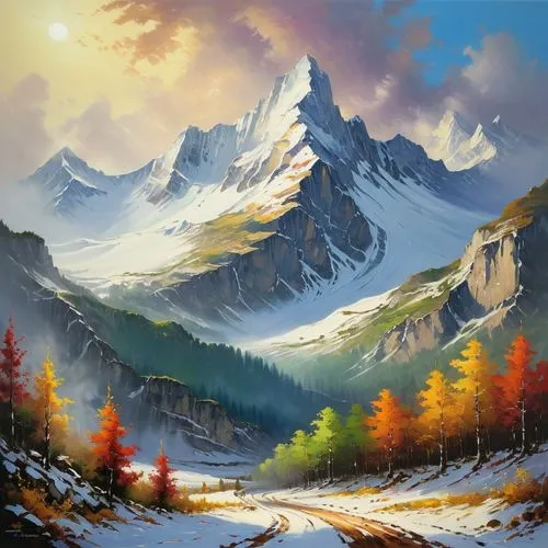 mountain scene,mountain landscape,alpine landscape,mountainous landscape,landscape background,autumn mountains,Conceptual Art,Oil color,Oil Color 06