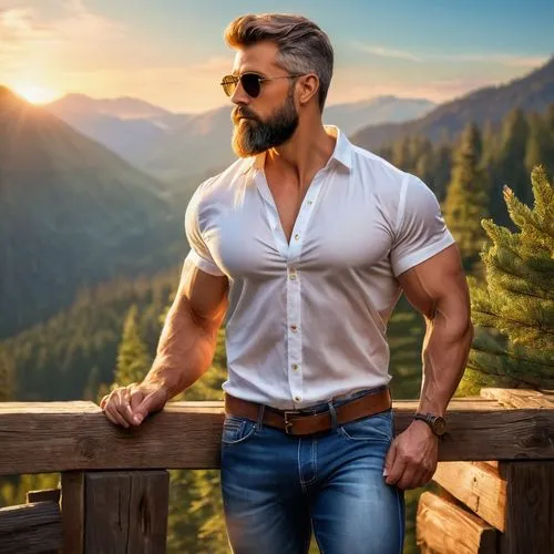 gynecomastia,nature and man,wightman,shirtsleeves,farmer in the woods,man on a bench,goncharov,lumberjax,landscaper,landscape background,virility,herren,hanhardt,premium shirt,dawid,alcide,outdoorsman,hypermasculine,pec,men clothes,Illustration,Realistic Fantasy,Realistic Fantasy 01