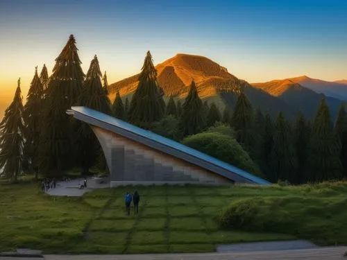 futuristic art museum,futuristic landscape,alpine sunset,salt meadow landscape,alpine meadows,futuristic architecture,santiago calatrava,temple fade,house in the mountains,forest chapel,mount rainier,house in mountains,mountain sunrise,vipassana,ski jump,rainier,roof landscape,mirror house,half-dome,ski facility,Photography,General,Realistic