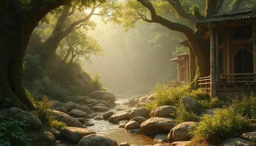 fantasy landscape,seclude,the mystical path,forest path,rivendell,teahouse,wudang,home landscape,forest landscape,hushan,wooden path,house in the forest,japanese garden,pathway,tranquility,summer cottage,fantasy picture,morning light,fairytale forest,enchanted forest,Photography,General,Realistic