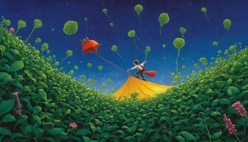 flying seeds,tulip field,fantasia,flying dandelions,falling flowers,tulips field,tulip fields,poppy field,mushroom landscape,blooming field,tulip festival,fairy world,flower field,poppy fields,rocket flowers,watermelon painting,flying seed,el salvador dali,vegetable field,valensole,Illustration,Children,Children 03