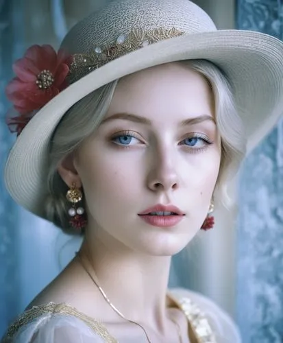 Close-up portrait of a young woman with striking features, displaying a thoughtful or introspective expression. Her face is highlighted by bright blue eyes, red lipstick, and delicate freckles dusting