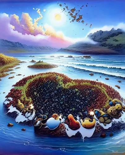 coastal landscape,sea landscape,beach landscape,mushroom island,rocky beach,mushroom landscape,Illustration,Realistic Fantasy,Realistic Fantasy 32