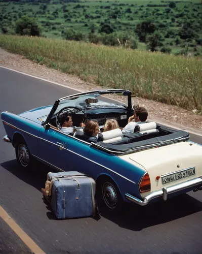 Create a romantic scene where two lovers go on a road trip in a Saipa convertible.,convertible,cabriolet,type mercedes n2 convertible,automotive luggage rack,mercedes benz 220 cabriolet,automotive car