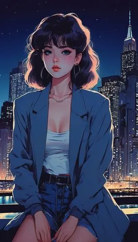 A pretty girl in new yorck city, 80's, night setting,anime style,dusk background,tokyo city,city lights,80s,retro background,retro girl,diamond-heart,90s,osaka,digital background,cityscape,would a bac