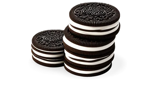 Oreos cookies, transparent background, solo, white filling, black cookie wafers, rounded shape, stack of three, slightly rotated, soft lighting, 3/4 composition, shallow depth of field, warm color ton