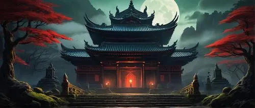 chinese temple,hanging temple,forbidden palace,hall of supreme harmony,halloween background,tsukemono,chinese background,japanese shrine,hall of the fallen,asian architecture,temple fade,shrine,chinese architecture,buddhist temple,mortuary temple,hwachae,rokuon-ji,temple,world digital painting,cartoon video game background,Illustration,Realistic Fantasy,Realistic Fantasy 01