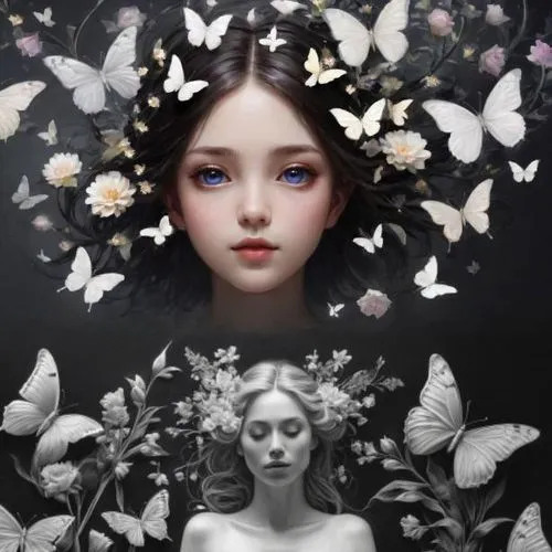 a woman with a bouquet of flowers around her head,jingna,white butterflies,flower fairy,yulan magnolia,porcelain dolls,faerie,faery,rankin,diwata,magnolia,persephone,fairie,white butterfly,little girl