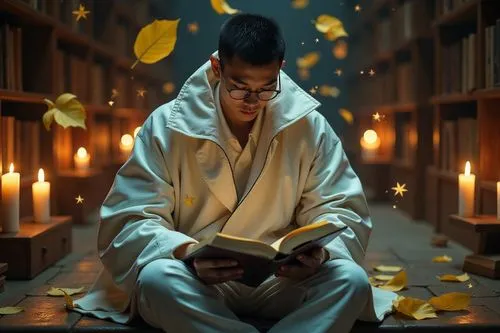 a chunky, husky, bulky, fluffy masculine attractive Vietnamese mythical guy reading books in a floating cosmic library, he wear magical glasses, short black hair, wear some wizard fantasy costume. man