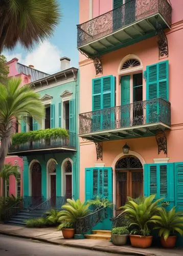 french quarters,new orleans,rowhouses,row houses,neworleans,old havana,townhouses,rowhouse,marigny,mizner,cuba background,colorful facade,dumaine,shophouses,houses clipart,beautiful buildings,shutters,italianate,old colonial house,orlean,Illustration,Abstract Fantasy,Abstract Fantasy 01